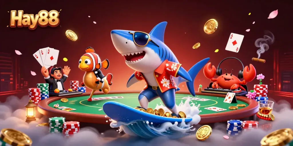 Experience exhilarating gaming action at Hay88 with vibrant characters surrounded by poker elements.