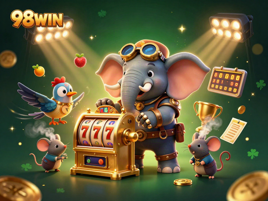 Experience the thrill of 98WIN with an enchanting steampunk casino scene filled with dynamic slot elements.