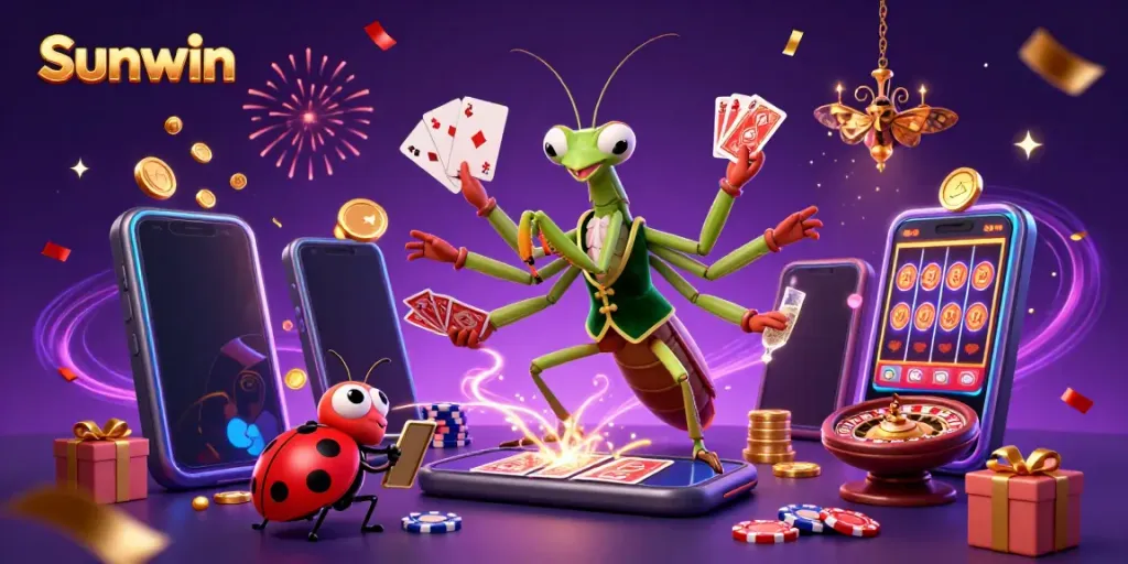 Sunwin immersive casino scene featuring a giant praying mantis card sharp and ladybug pit boss amidst vibrant games and confetti.