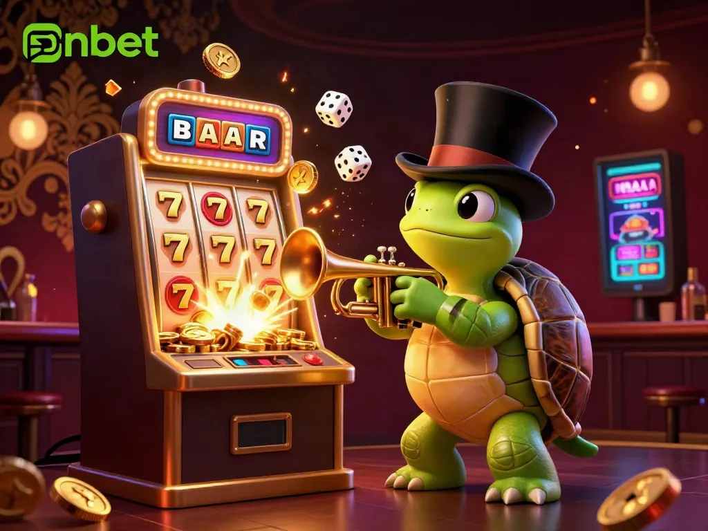 Experience the excitement of nbet with a lively 3D casino scene featuring a turtle and frog amidst dynamic gaming elements.