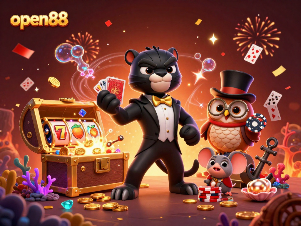 Join the excitement at open88 with a vibrant casino scene featuring a tuxedoed panther dealing cards.