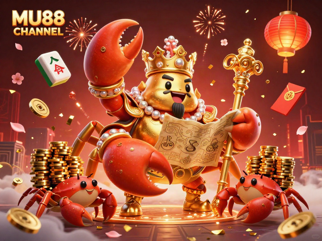 Experience thrilling adventures with MU88 CHANNEL's interactive gaming scene, featuring a golden crab emperor and dynamic casino elements.