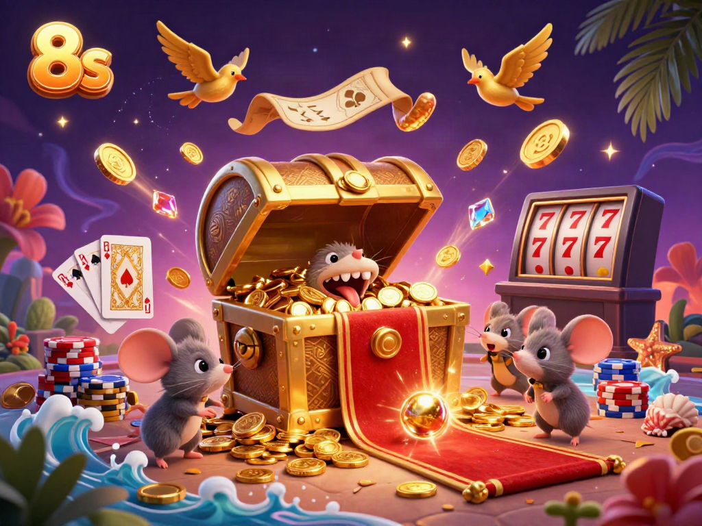 Engage with the vibrant energy of 8s as cartoon mice are drawn to a golden treasure chest amidst flying coins and cards.
